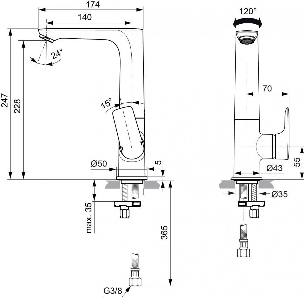 Ideal Standard Connect Air Waschtischarmatur Slim mit hohem schwenkbarem Auslauf ohne Ablaufgarnitur
