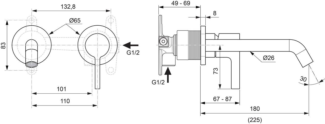 Ideal Standard Joy Wand-Waschtischarmatur Bausatz 2, runde Rosette, Auslauf 180 mm