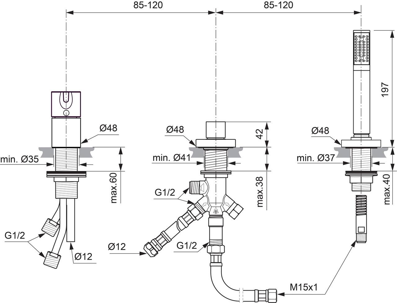 Ideal Standard Joy 3-Loch Wannenrandarmatur (ohne Auslauf) mit ausziehbarer Stabhandbrause und Umsteller