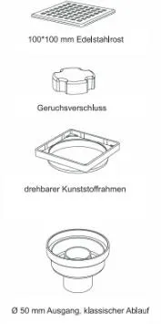 MERT Bodenablauf mit Edelstahlrost "Square" (304), 100x100 mm