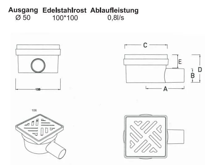 MERT Bodenablauf mit Edelstahlrost- und Rahmen "Square" (304), 100x100 mm