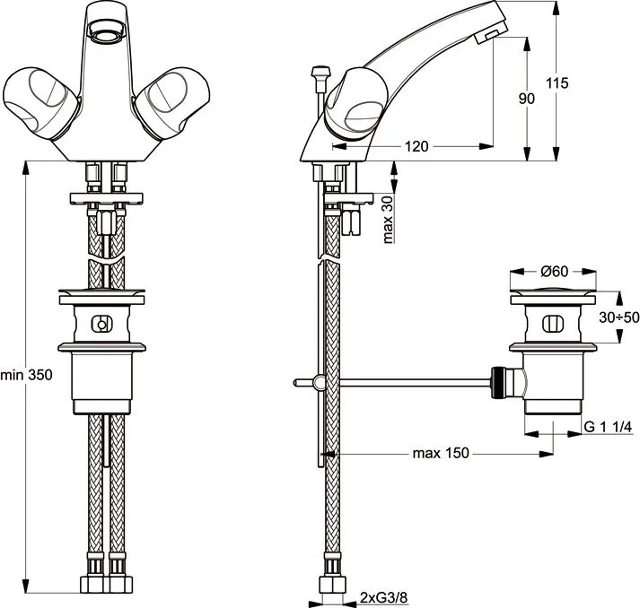 Ideal Standard Alpha Waschtisch-Zweigriffarmatur (Auslaufh&ouml;he 90 mm)