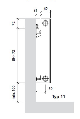 Purmo Plan Ventil Compact M Flex Mittelanschluss Typ 11, Bauhöhe:900mm