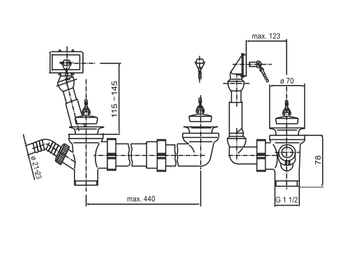 SANIT Ab-u.Überlaufgarnitur, beidseitig mit Stopfen u. Kette,1 1/2 x max. 440mm