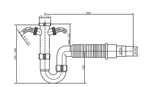 SANIT Rohrgeruchverschluss G1 1/2x40/50 flexibel Schlauch und 2x Geräteanschluss