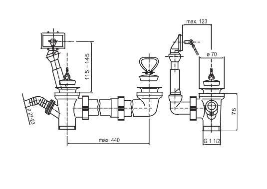SANIT Ab-u.Überlaufgarnitur,beidseitig mit Bügel und Stopfen, 1 1/2 x max. 440 mm