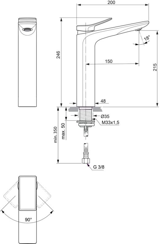 Ideal Standard Check Waschtischarmatur mit verlängertem Sockel ohne Ablaufgarnitur Magnetic Grey