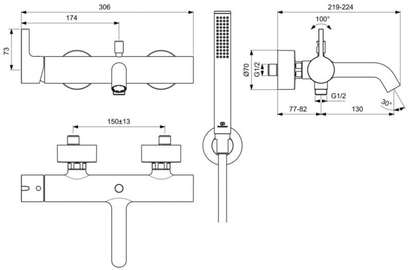 Ideal Standard Joy Badearmatur AP mit Brause-Set Silver Storm